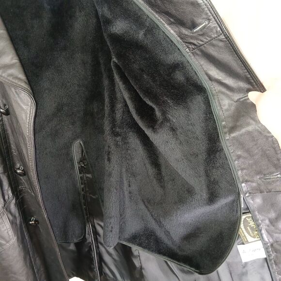 Vintage Mens Sz S Black Leather Trench Coat Removable Faux Fur Lining Old Money - Picture 15 of 16